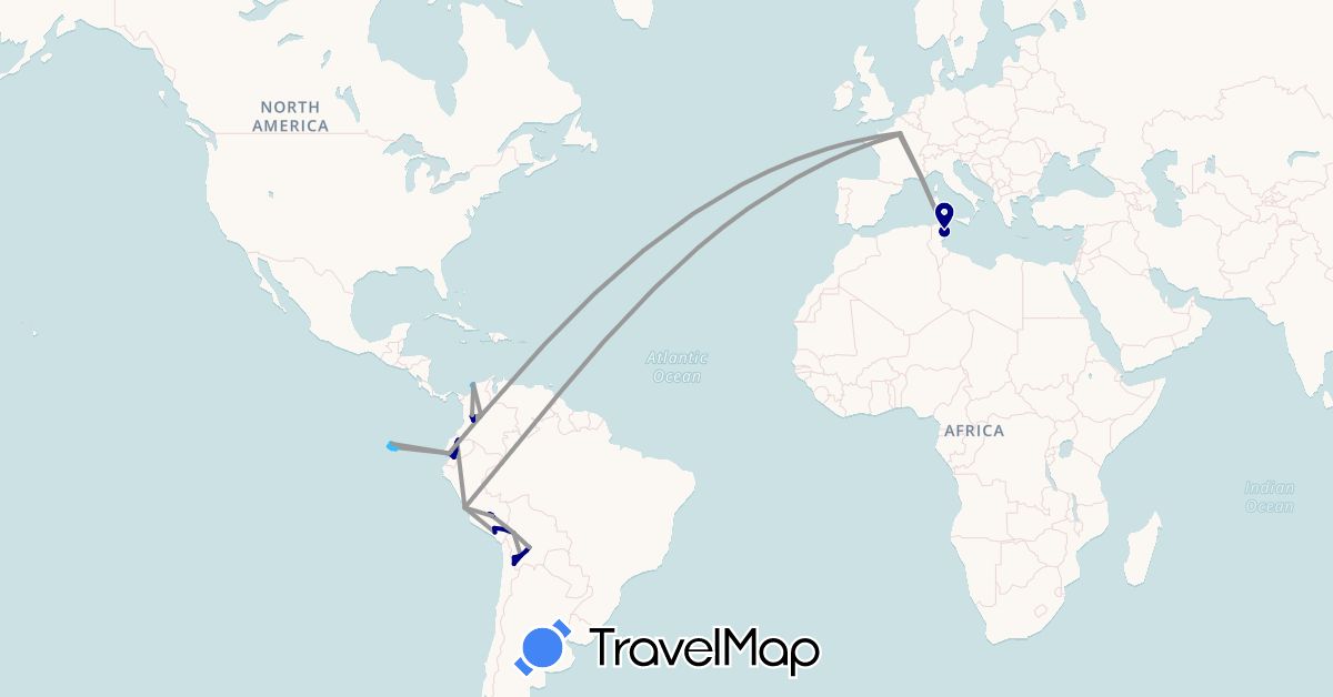 TravelMap itinerary: driving, plane, boat in Bolivia, Colombia, Ecuador, France, Peru, Tunisia (Africa, Europe, South America)